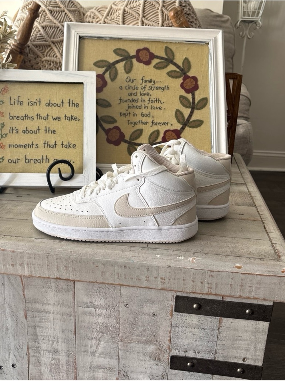 Nike Kids Mid-Top Sneakers in Off-White and Light Beige